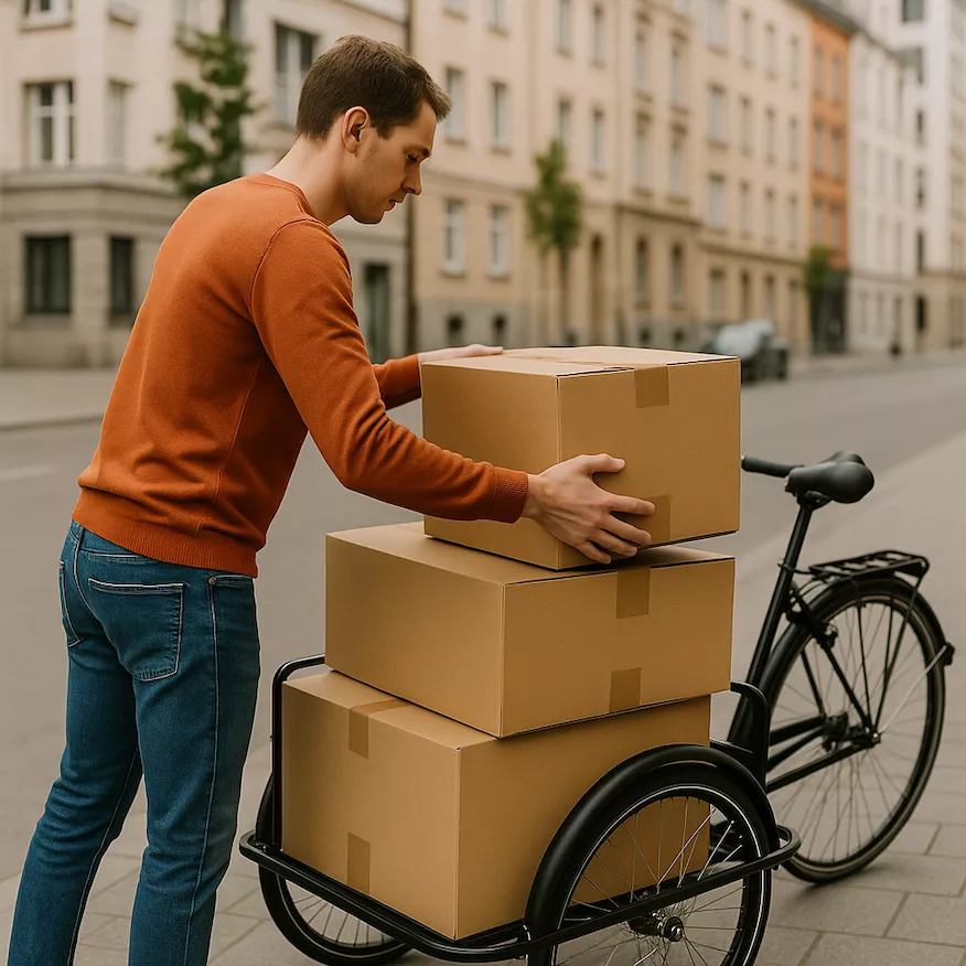 Flytta med cykel – person lastar flyttlådor på cykelvagn i stadsmiljö